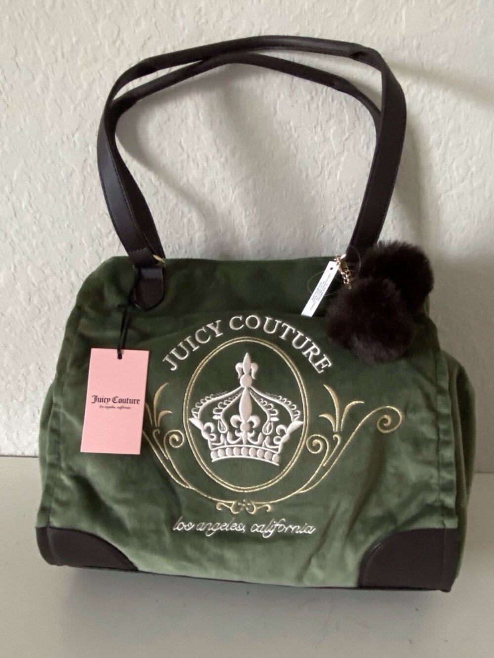 Juicy Couture Juicy Magnifique Tote Bag Super Greens Velvet W/Pom Pom Charm NEW